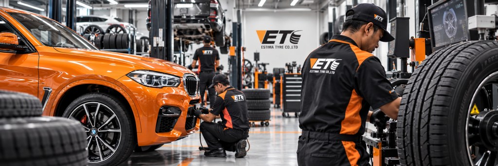 ช่างยนต์กำลังบริการถ่วงล้อรถยนต์ด้วยระบบคอมพิวเตอร์ ที่ศูนย์บริการ ETC Estima Tyre