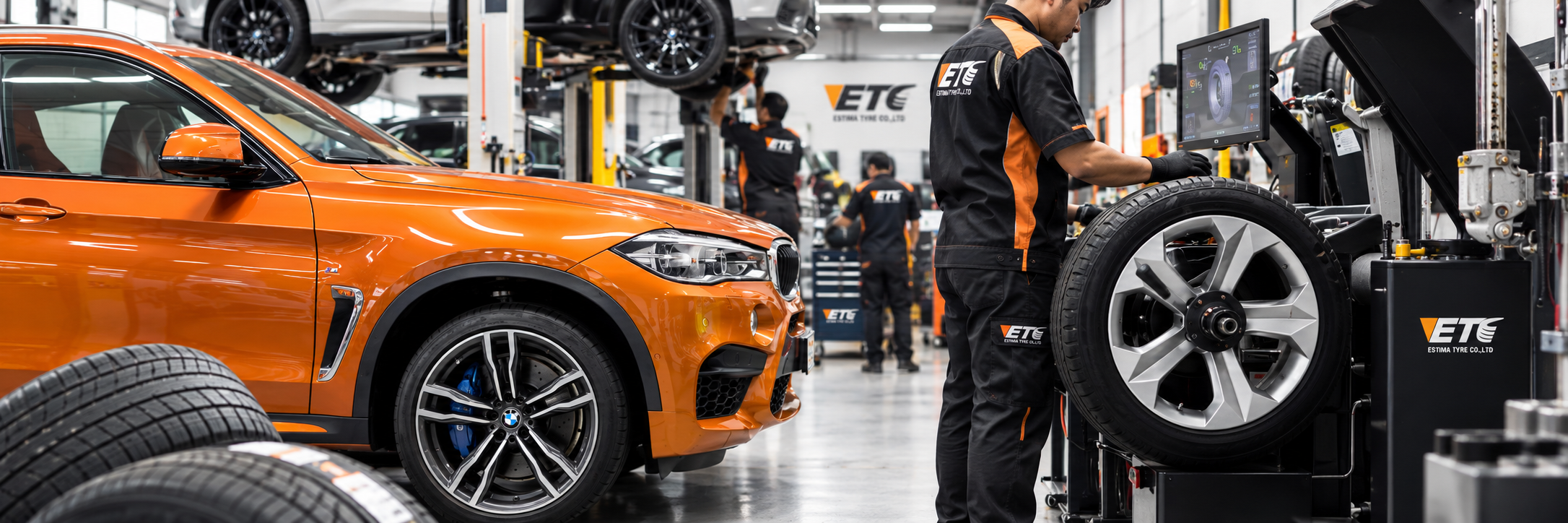 ช่างยนต์กำลังบริการถ่วงล้อรถยนต์ด้วยระบบคอมพิวเตอร์ ที่ศูนย์บริการ ETC Estima Tyre